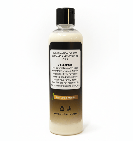 Back of organic oil bottle with disclaimer label, shelf life, and recycling icons