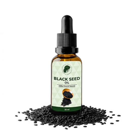 Black seed oil dropper bottle with black seeds on white background, 100% pure natural