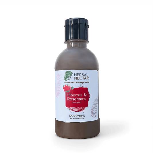 Herbal Nectar Hibiscus & Rosemary organic shampoo bottle, 250ml, on white background