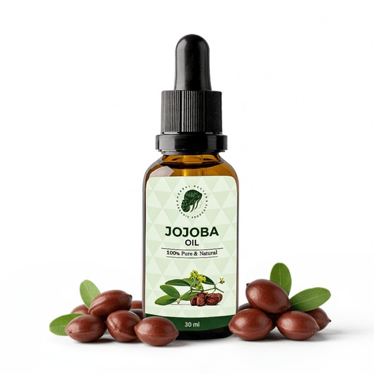 Jojoba oil bottle with dropper, surrounded by jojoba seeds and green leaves on white background.