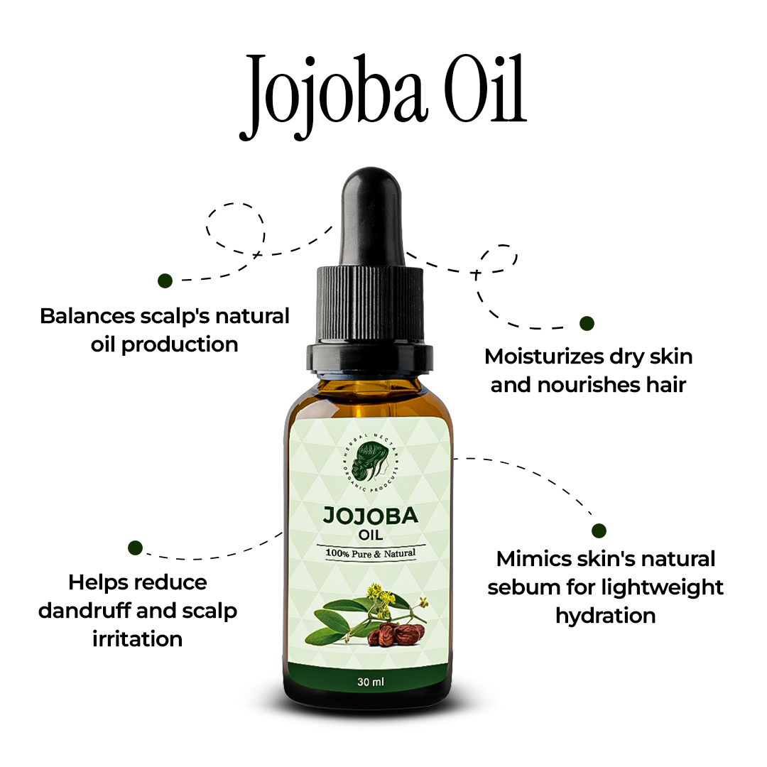 Jojoba oil bottle with dropper, benefits for scalp, skin, and hair, 30ml, natural product