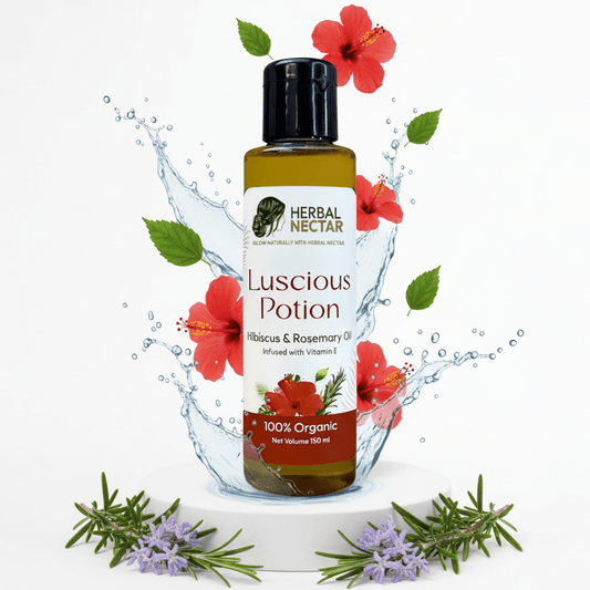 Herbal Nectar Luscious Potion hibiscus rosemary oil bottle with splash, flowers, and herbs