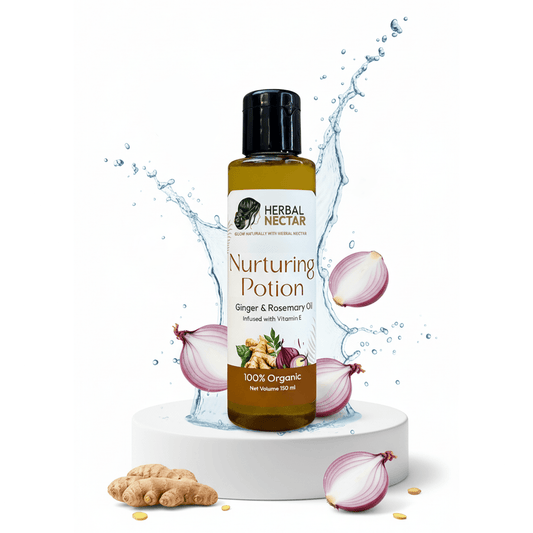 Herbal Nectar Nurturing Potion bottle with ginger, onions, and water splash on white background