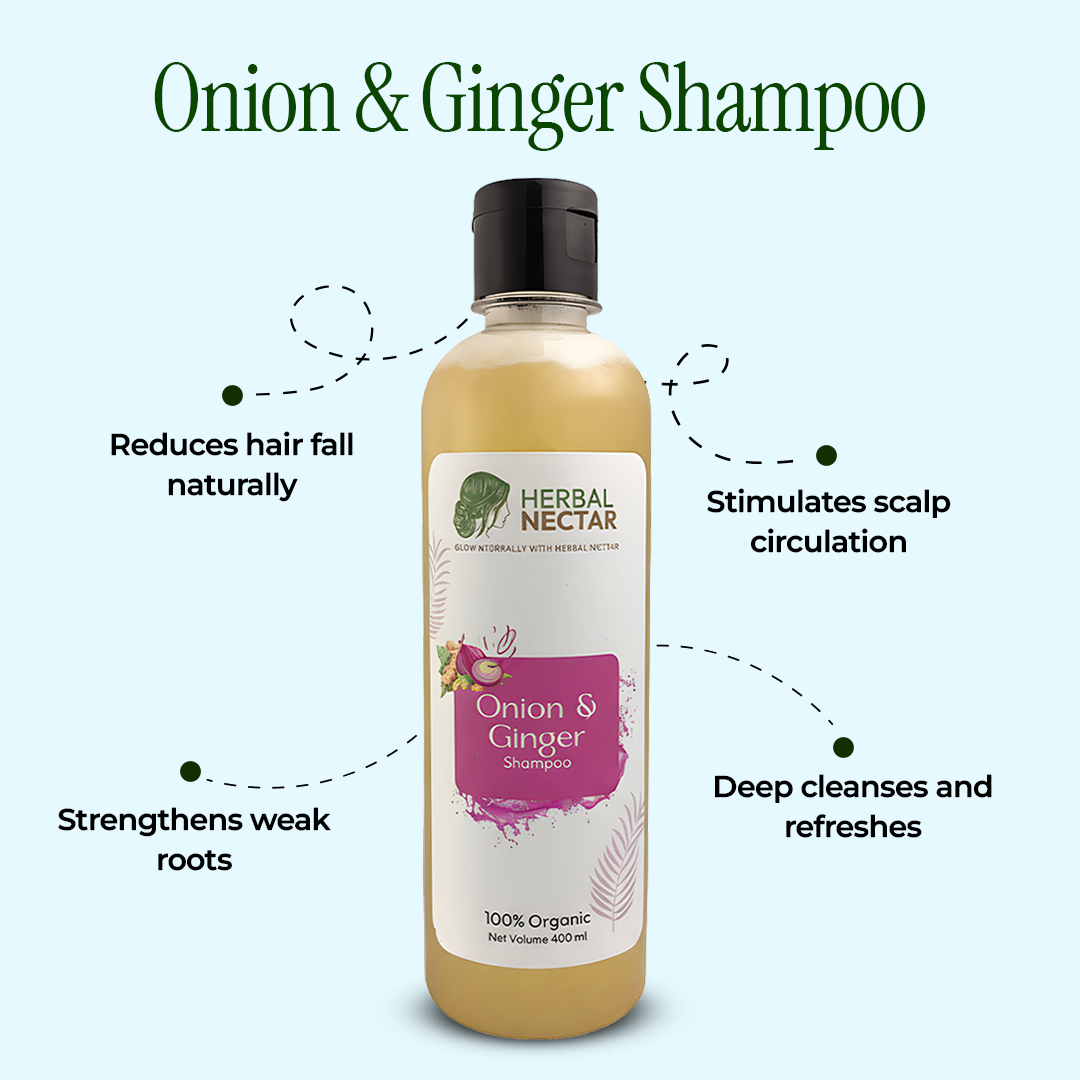 Herbal Nectar Onion & Ginger Shampoo bottle with benefits and 100% organic label