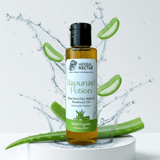 Herbal Nectar Rapunzel Potion organic hair oil bottle with aloe vera and water splash