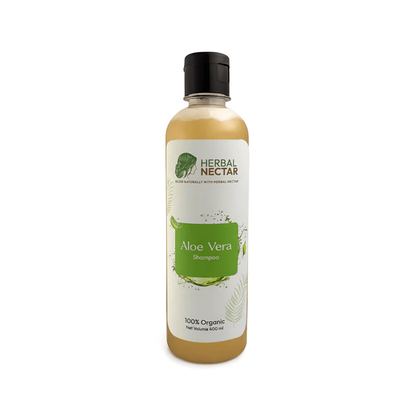 Herbal Nectar Aloe Vera Shampoo bottle 400ml, 100% organic, with green and white label