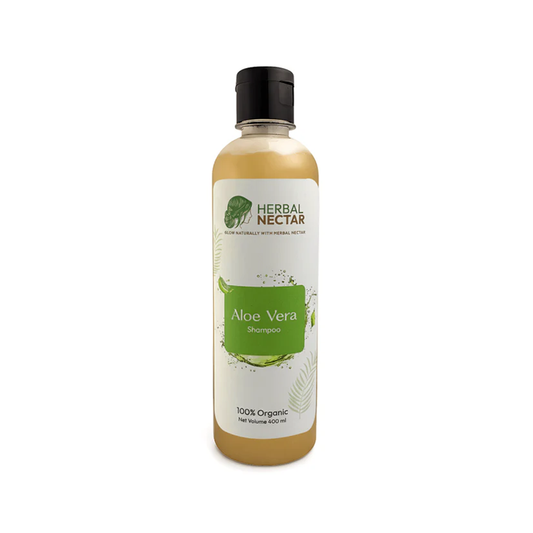 Herbal Nectar Aloe Vera Shampoo bottle 400ml, 100% organic, with green and white label