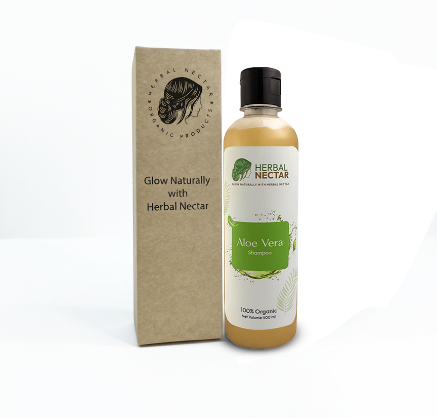 Herbal Nectar Aloe Vera Shampoo 400ml bottle and box with organic hair care branding