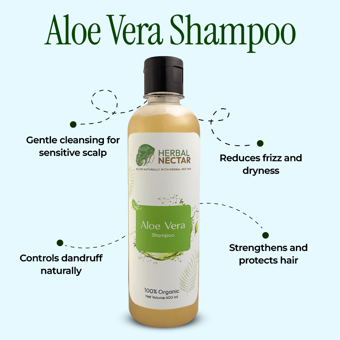 Herbal Nectar Aloe Vera Shampoo bottle with benefits for dandruff, frizz, and sensitive scalp