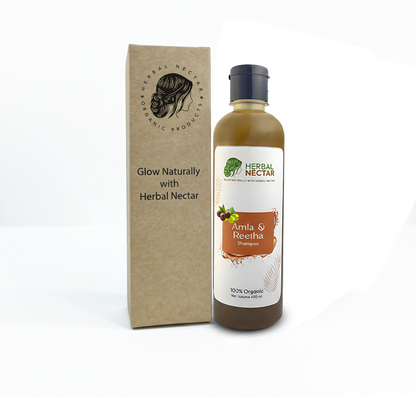 Herbal Nectar Amla & Reetha Organic Shampoo bottle with box on white background