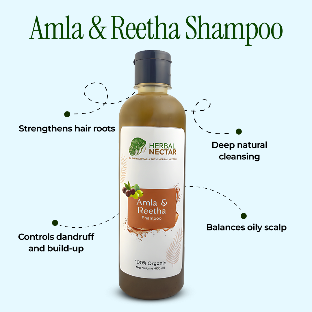 Amla Reetha Shampoo bottle with herbal benefits, labeled 100% organic, on a light blue background.