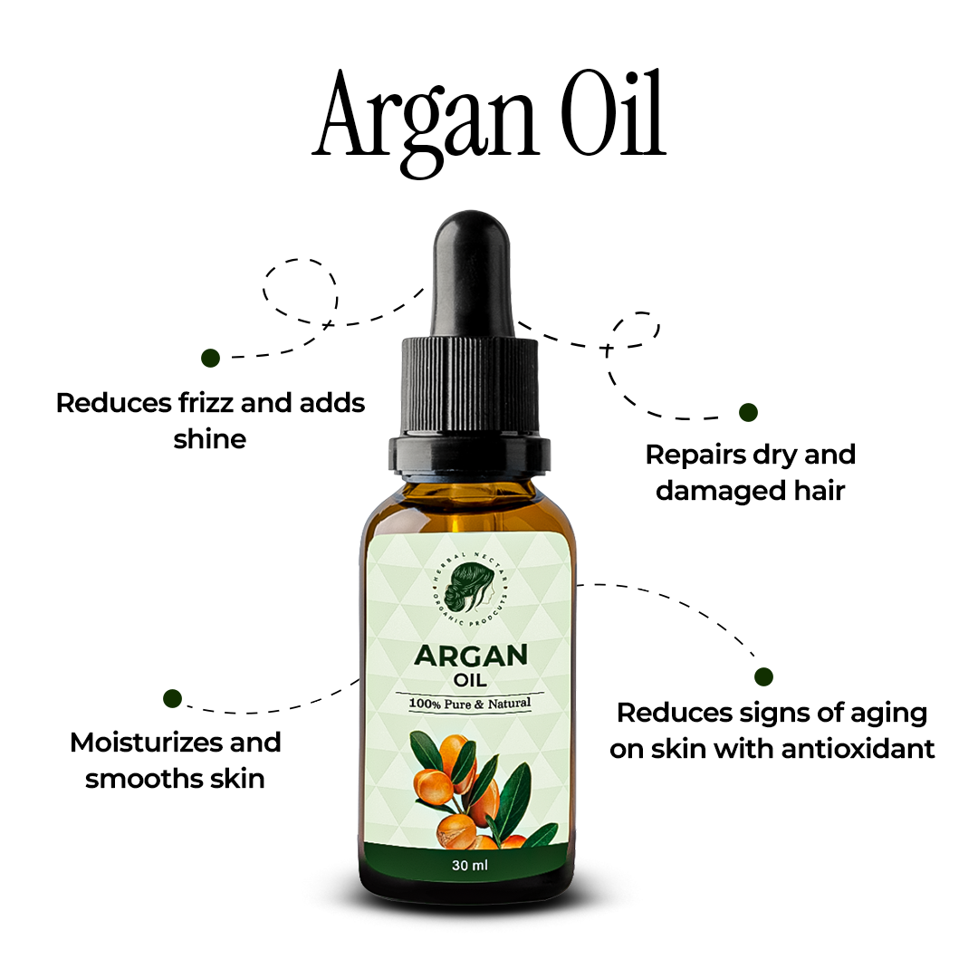 Argan oil dropper bottle with label, benefits for hair and skin, 30ml, pure and natural.