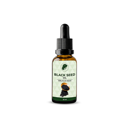 Black seed oil 30ml dropper bottle, labeled 100% pure and natural, on white background