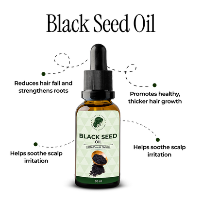 Black Seed Oil bottle with dropper, benefits for hair growth and scalp health highlighted.