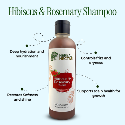 Herbal Nectar Hibiscus & Rosemary Shampoo bottle with benefits, 100% organic, 400ml