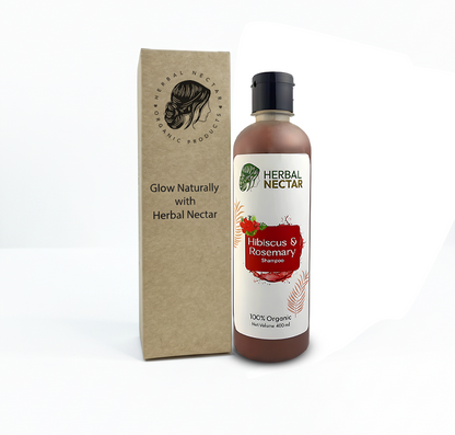 Herbal Nectar Hibiscus and Rosemary shampoo bottle and box on white background