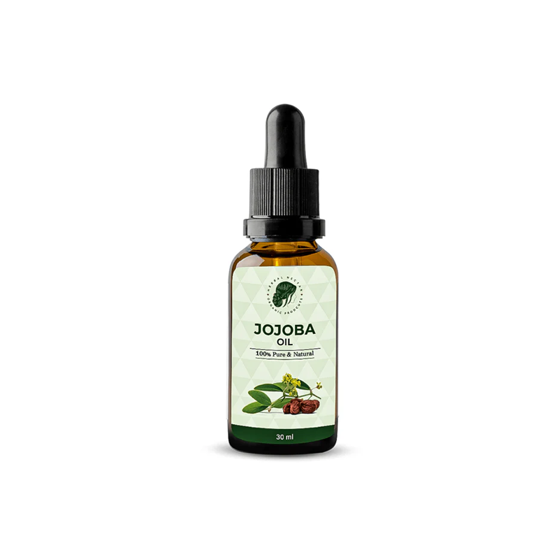 30ml amber dropper bottle of jojoba oil with green leaf label on white background