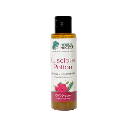 Herbal Nectar Luscious Potion 100% organic hibiscus rosemary oil bottle with floral label