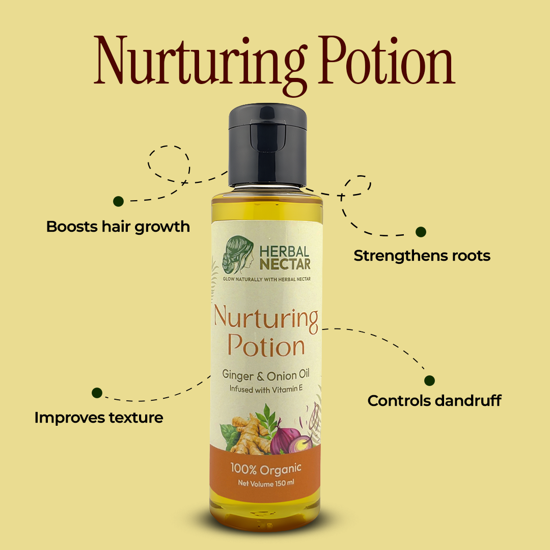Herbal Nectar Nurturing Potion bottle with ginger and onion oil for hair growth, texture, and root strength