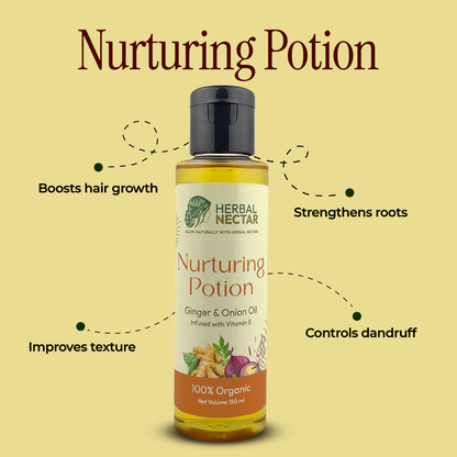 Herbal Nectar Nurturing Potion bottle with ginger and onion oil for hair growth, texture, and root strength