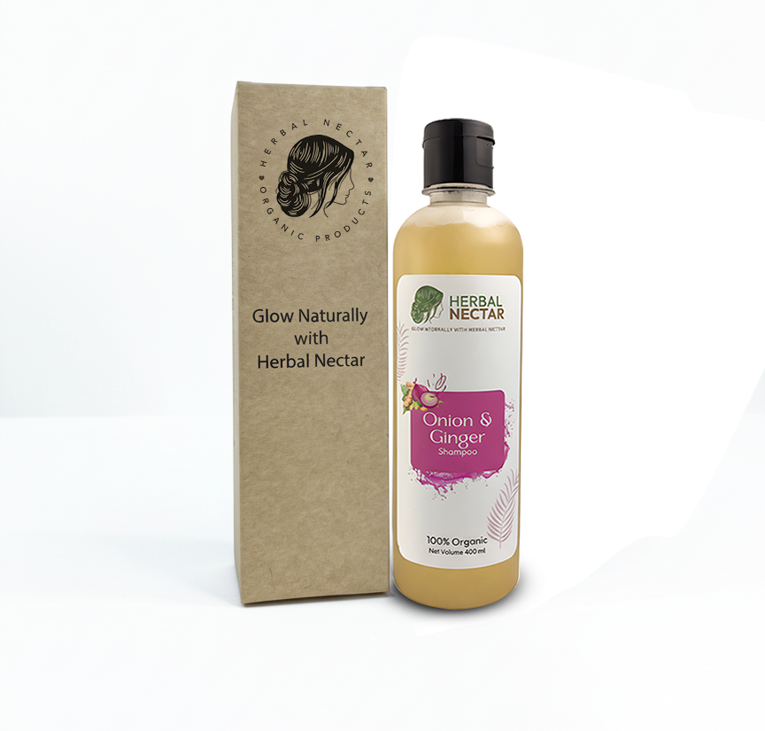 Herbal Nectar Onion & Ginger Shampoo bottle and box with natural product branding