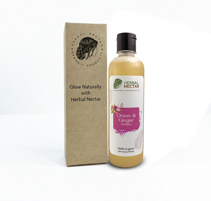 Herbal Nectar Onion & Ginger Shampoo bottle and box with natural product branding