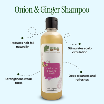 Herbal Nectar Onion & Ginger Shampoo bottle with benefits and 100% organic label