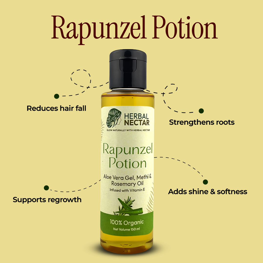 Herbal Nectar Rapunzel Potion organic hair oil bottle with benefits and ingredients on label.