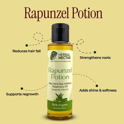 Herbal Nectar Rapunzel Potion organic hair oil bottle with benefits and ingredients on label.