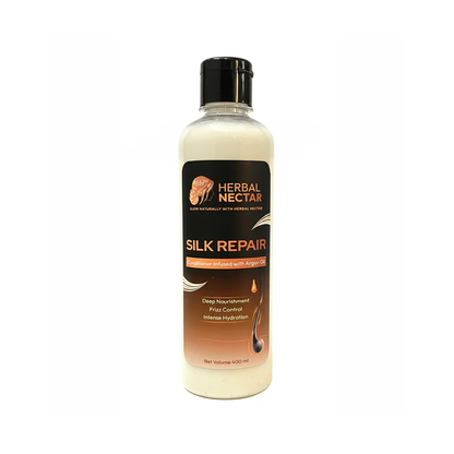 Herbal Nectar Silk Repair conditioner bottle with argan oil, 400ml, for frizz control