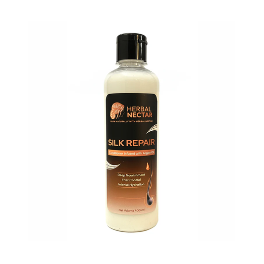 Herbal Nectar Silk Repair conditioner bottle with argan oil, 400ml, for frizz control