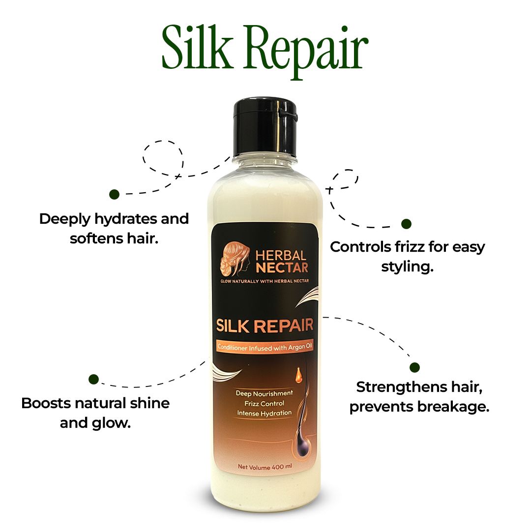 Herbal Nectar Silk Repair conditioner bottle with argan oil, frizz control, deep hydration benefits.