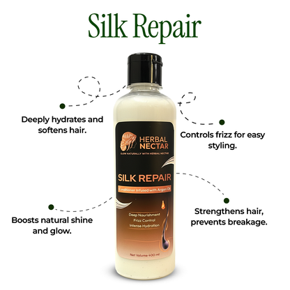 Herbal Nectar Silk Repair conditioner bottle with argan oil, frizz control, deep hydration benefits.